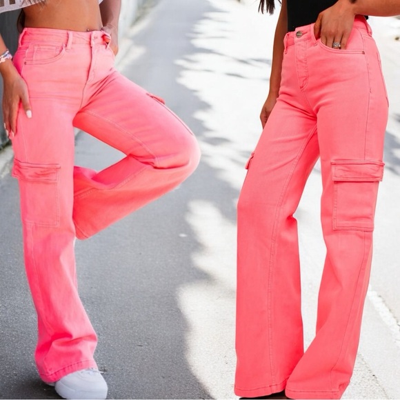 Risen Hot Neon Pink High Rise Wide Leg Cargo Jeans Size 15/32 - Picture 2 of 14